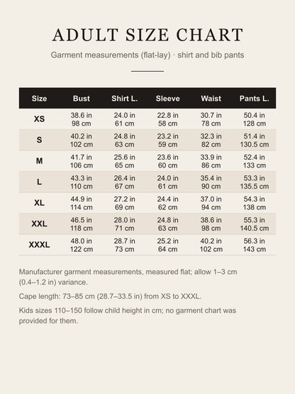 Adult size chart XS to XXXL with shirt bust, shirt length, sleeve, pants waist and pants length in inches and centimeters