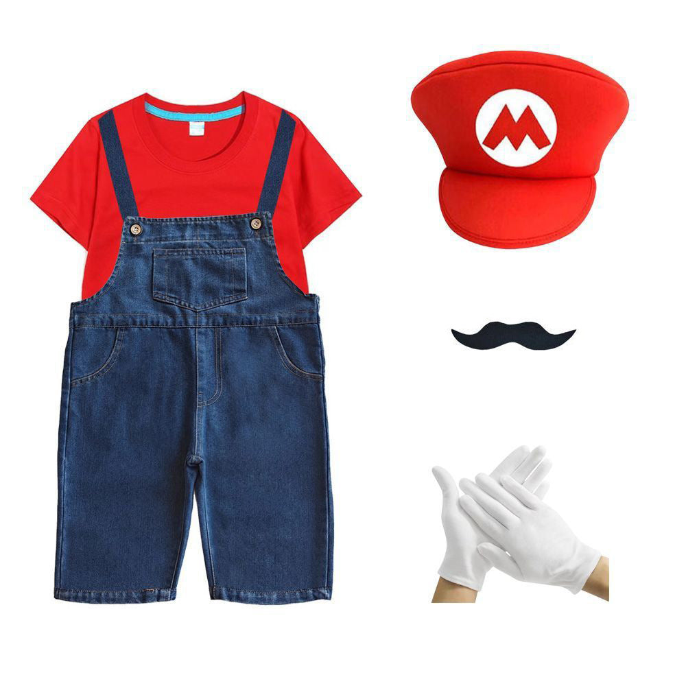 What's included flat lay: red T-shirt with blue denim bib shorts, red M hat, black mustache and white gloves