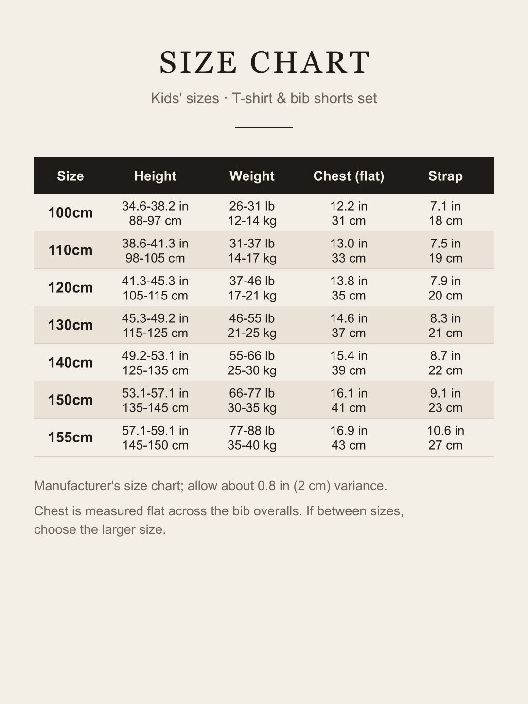 Kids' size chart 100cm–155cm: height, weight, flat chest and strap length in inches and centimeters