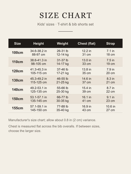 Kids' size chart 100cm–155cm: height, weight, flat chest and strap length in inches and centimeters