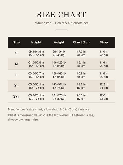 Adult size chart S–XXL: height, weight, flat chest and strap length in inches and centimeters