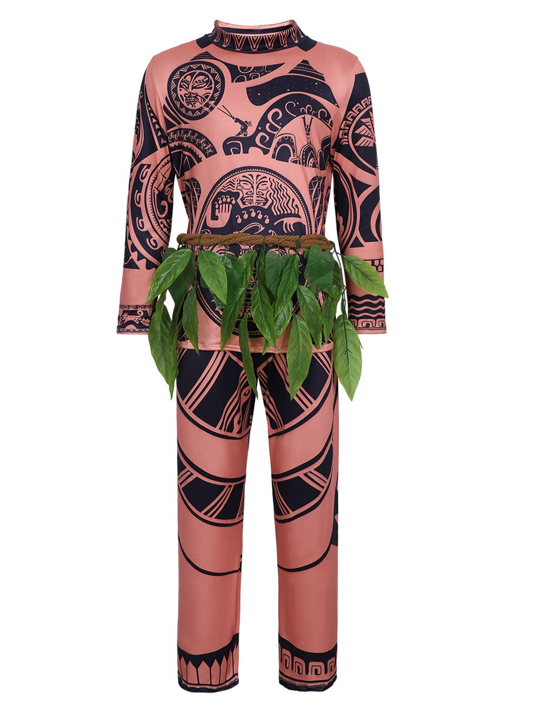 Maui cosplay costume set on white: printed long-sleeve top, pants and green leaf skirt on a twisted cord belt