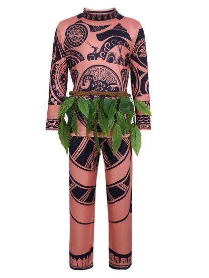 Maui cosplay costume set on white: printed long-sleeve top, pants and green leaf skirt on a twisted cord belt