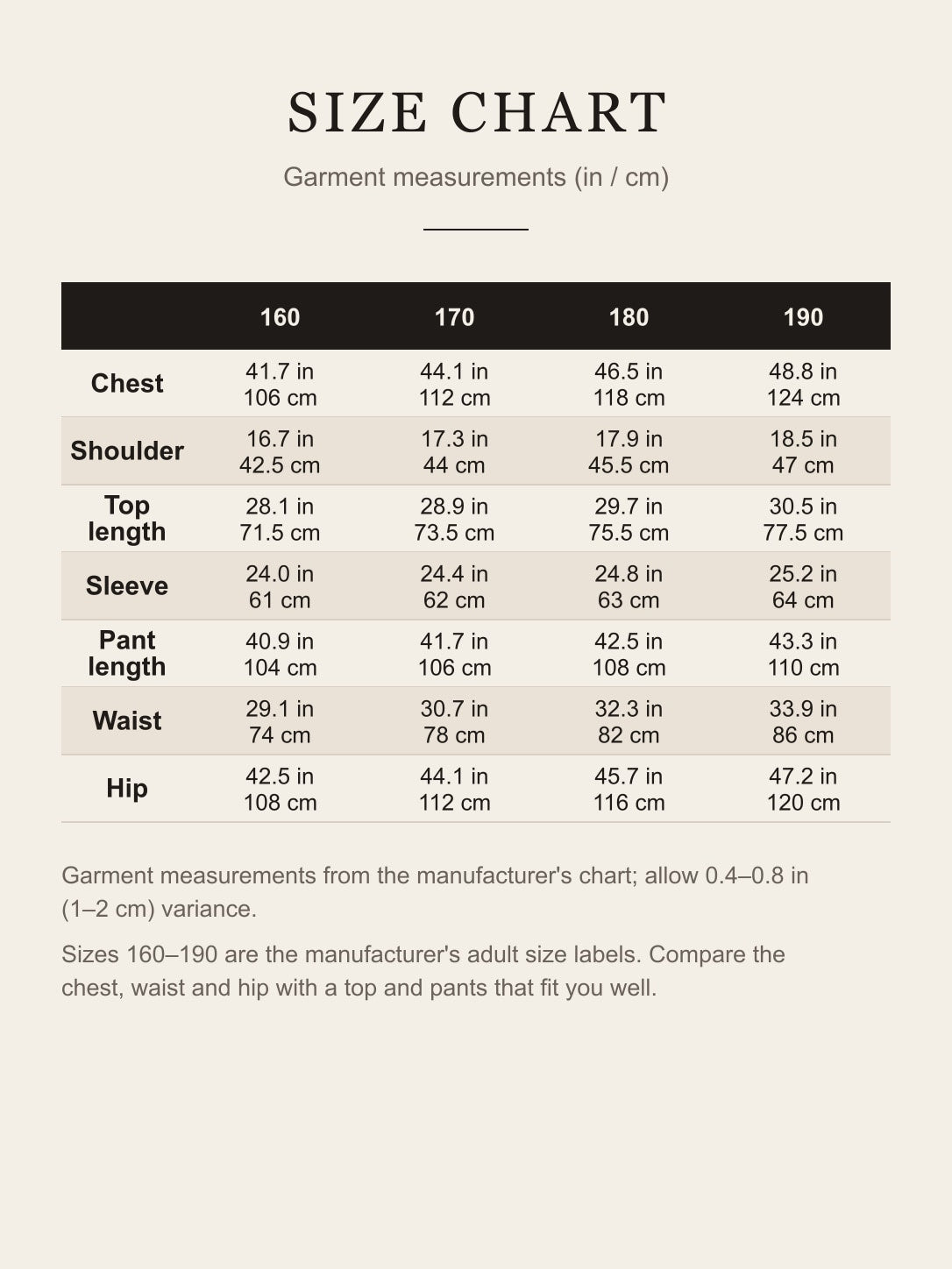 Size chart for the adult Maui cosplay costume: chest, shoulder, top length, sleeve, pant length, waist and hip for sizes 160–190 in inches and centimeters