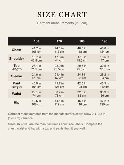 Size chart for the adult Maui cosplay costume: chest, shoulder, top length, sleeve, pant length, waist and hip for sizes 160–190 in inches and centimeters