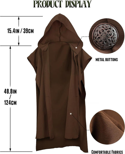 Brown hooded cloak flat view with measurements: hood 15.4 in (39 cm), length 48.8 in (124 cm), metal buttons