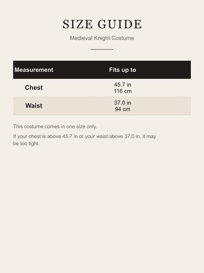 Size guide for the Medieval Knight Costume