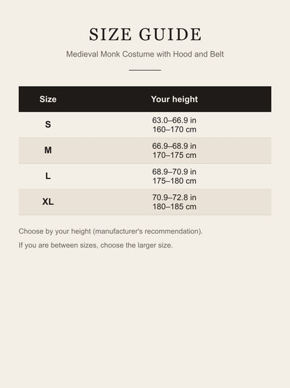 Size guide for the Medieval Monk Costume with Hood and Belt