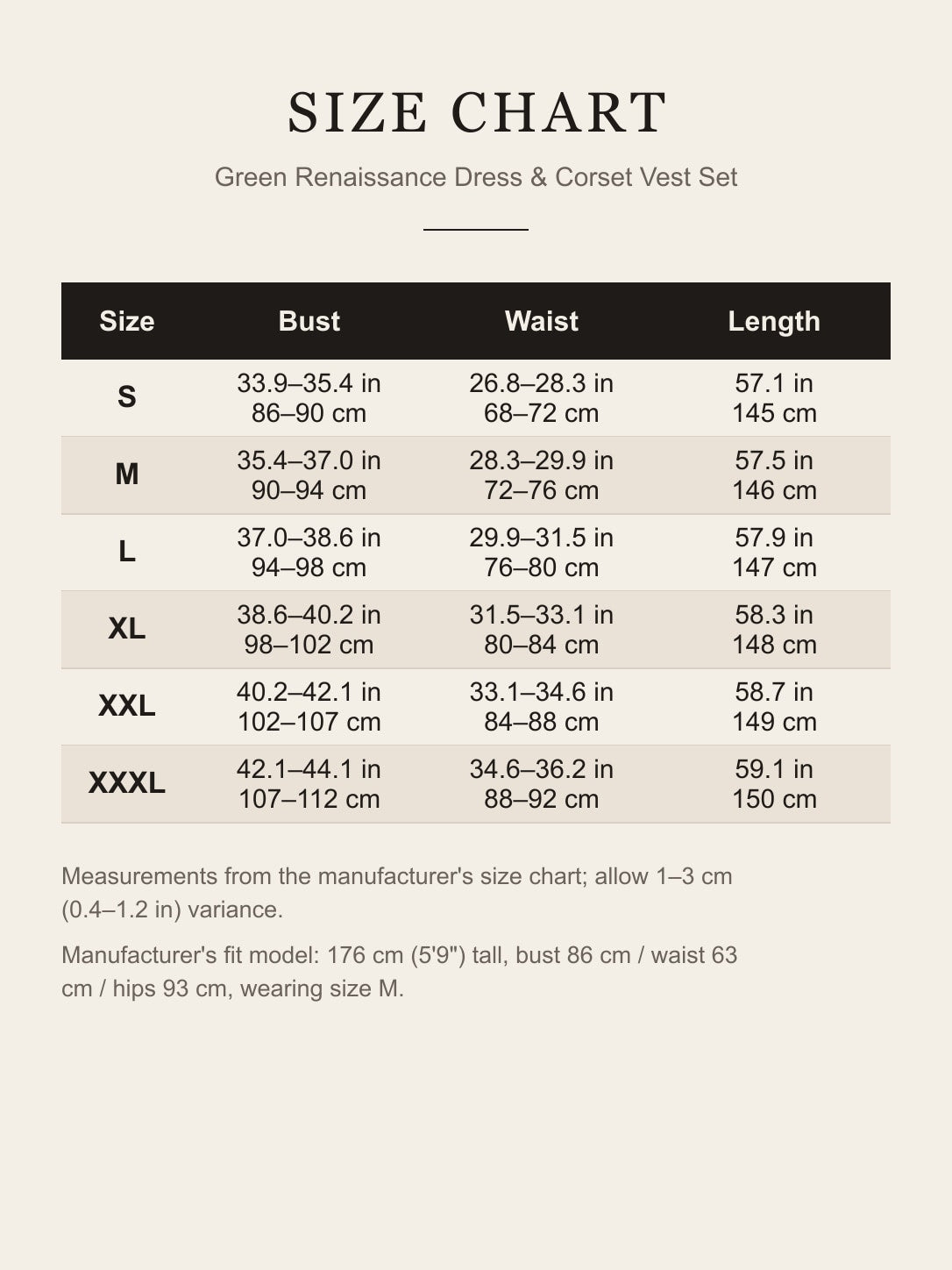 Size chart for the green Renaissance dress and corset vest set: bust, waist and length for S to XXXL in inches and centimeters