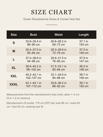 Size chart for the green Renaissance dress and corset vest set: bust, waist and length for S to XXXL in inches and centimeters