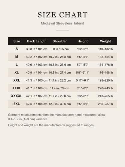 Size chart for the medieval sleeveless tabard, sizes S to 5XL in inches and cm