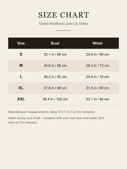 Size chart for the green medieval lace-up dress: bust and waist for S to XXL in inches and centimeters