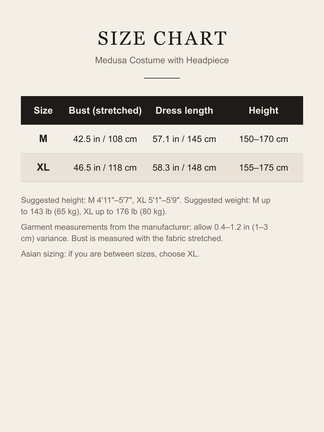 Medusa costume size chart: bust, dress length and suggested height for sizes M and XL in inches and centimeters