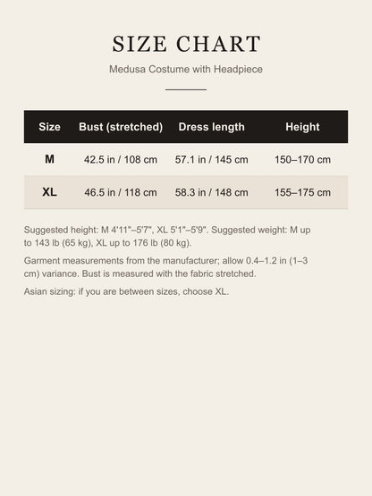 Medusa costume size chart: bust, dress length and suggested height for sizes M and XL in inches and centimeters