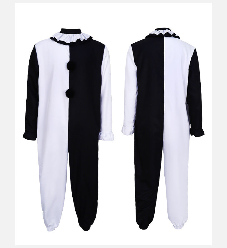 Black and white clown jumpsuit laid out flat, front and back views with the ruffle collar