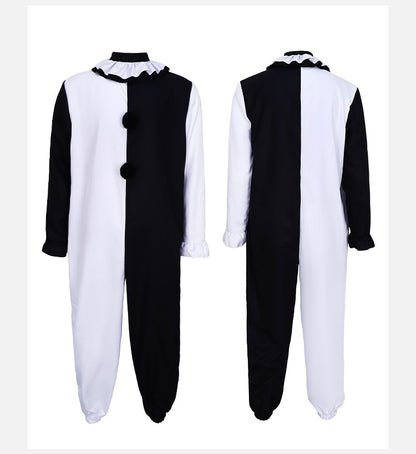 Black and white clown jumpsuit laid out flat, front and back views with the ruffle collar