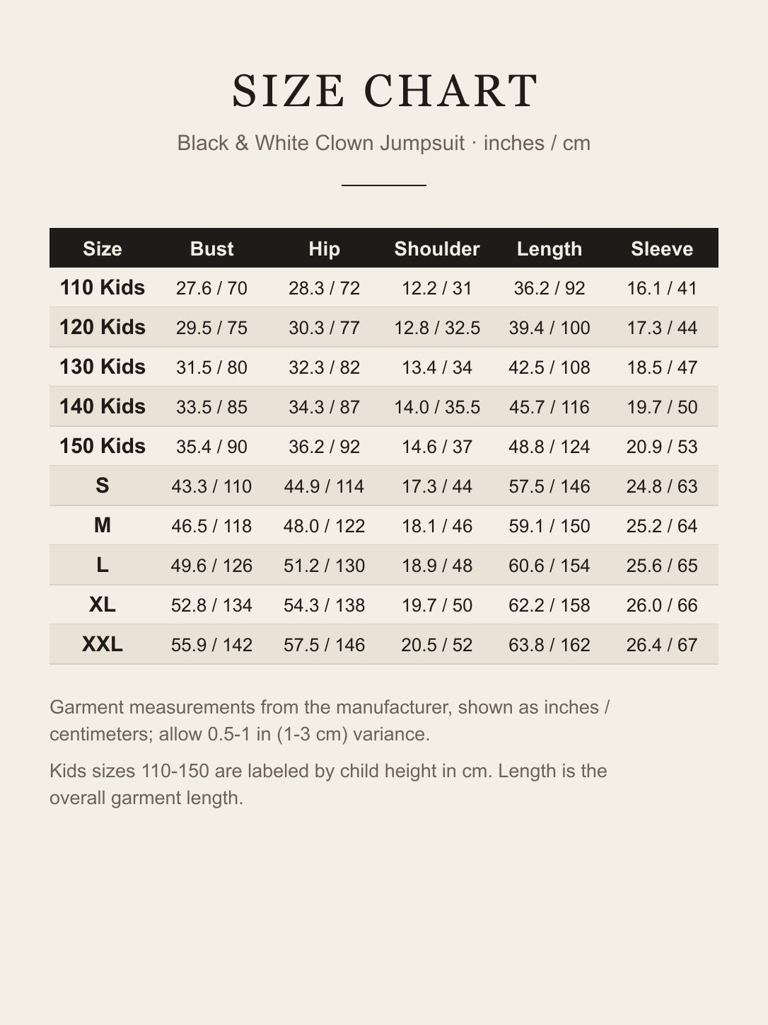 Size chart for the black and white clown jumpsuit: bust, hip, shoulder, length and sleeve for kids 110–150 and adult S–XXL in inches and centimeters