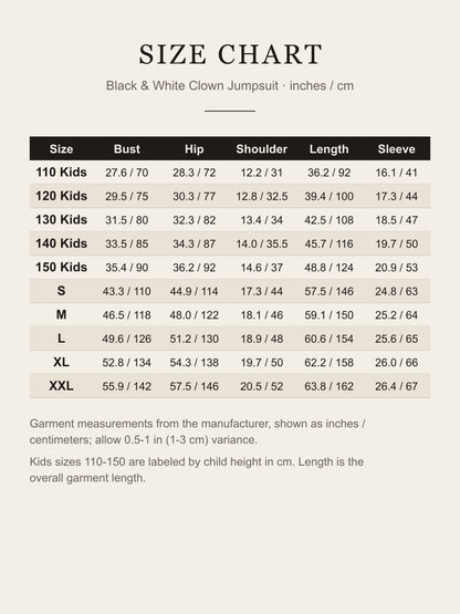 Size chart for the black and white clown jumpsuit: bust, hip, shoulder, length and sleeve for kids 110–150 and adult S–XXL in inches and centimeters