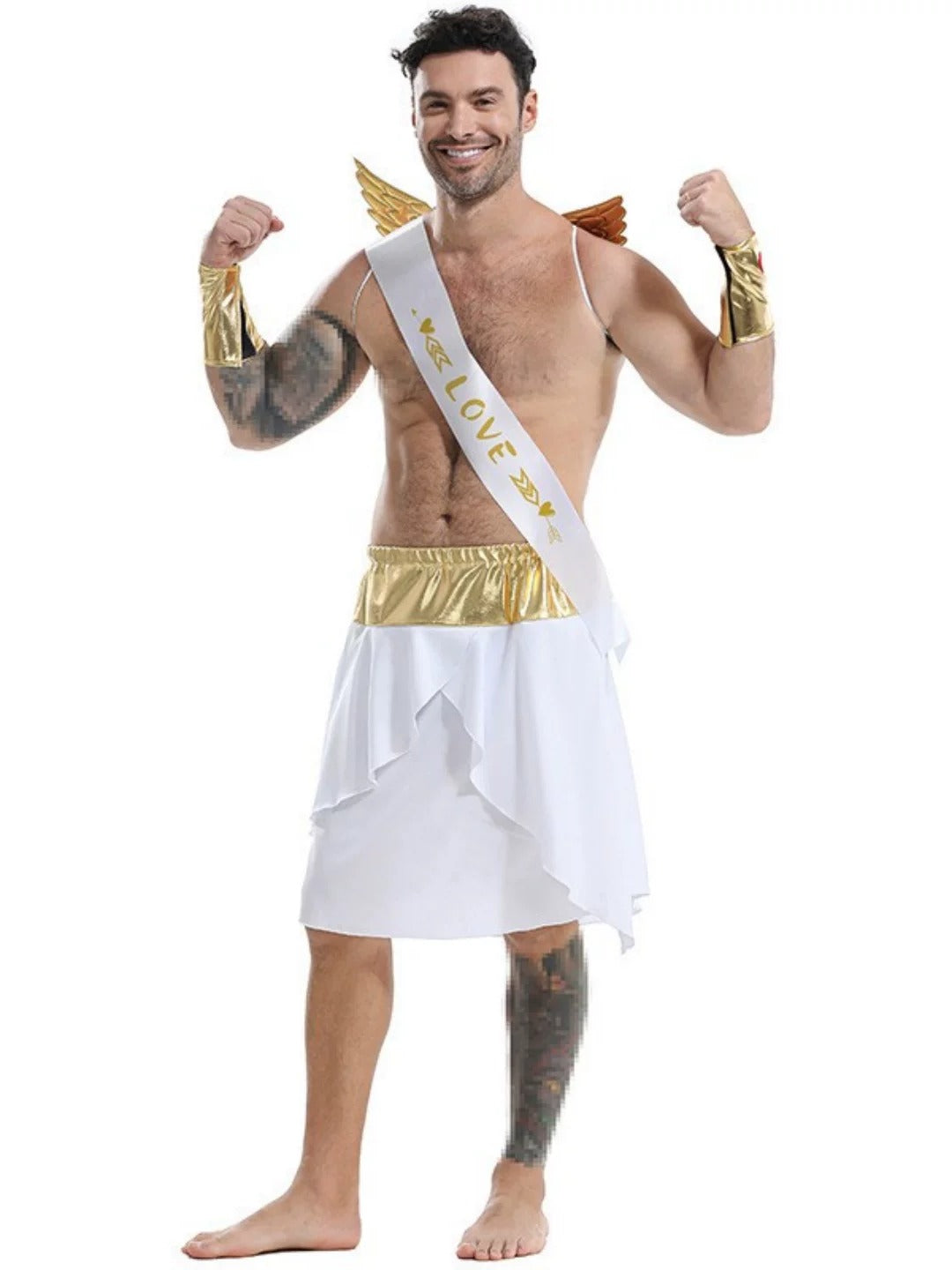 Manufacturer photo of the men's angel Cupid costume on a white background: skirt, LOVE sash, gold wings and arm cuffs