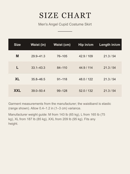 Size chart for the men's angel Cupid costume skirt: waist, hip and length for M, L, XL and XXL in inches and centimeters