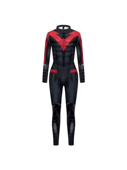 Supplier flat front photo of the red and black muscle print jumpsuit showing the stand collar, printed muscles, arm stripes and knee panels