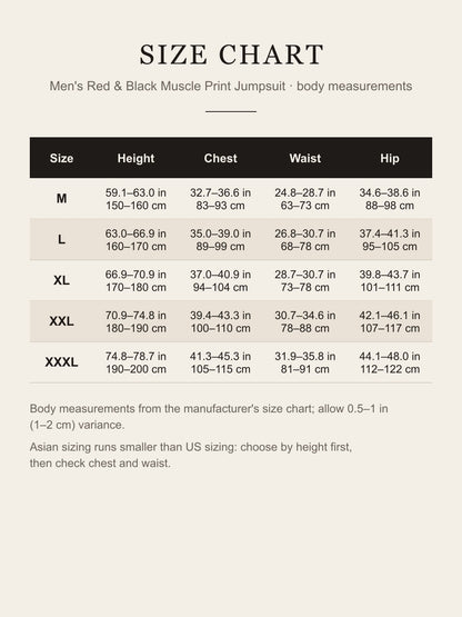 Size chart for the men's red and black muscle print jumpsuit: height, chest, waist and hip for M to XXXL in inches and centimeters
