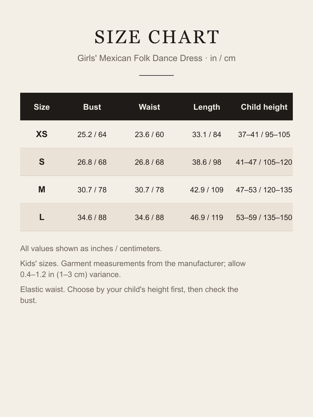 Size chart for the girls' Mexican folk dance dress: bust, waist, length and child height for XS, S, M and L in inches and centimeters