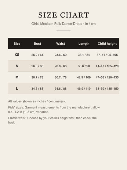 Size chart for the girls' Mexican folk dance dress: bust, waist, length and child height for XS, S, M and L in inches and centimeters