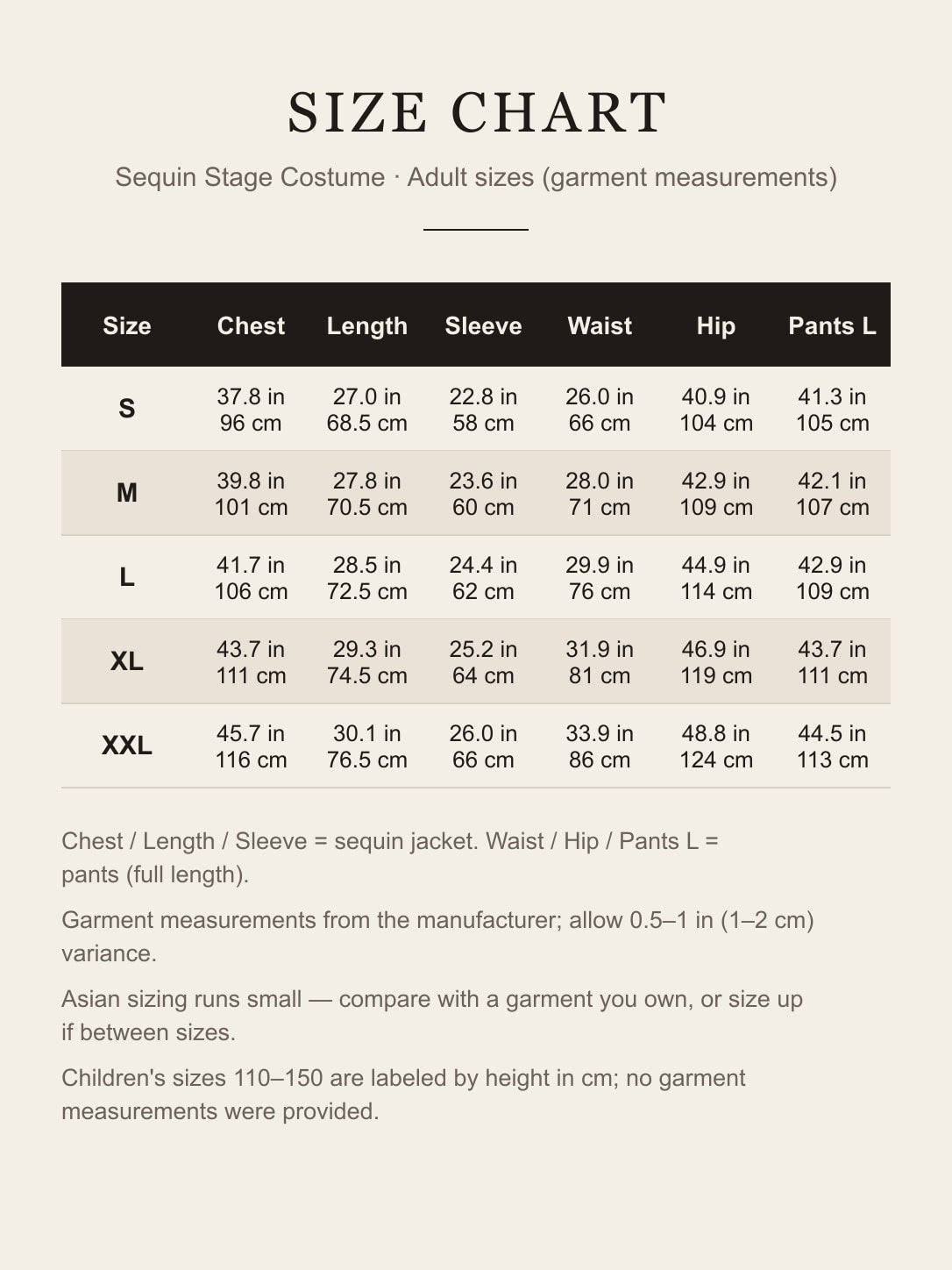 Size chart for the black sequin stage costume: jacket chest, length and sleeve, pants waist, hip and length for adult S to XXL in inches and centimeters