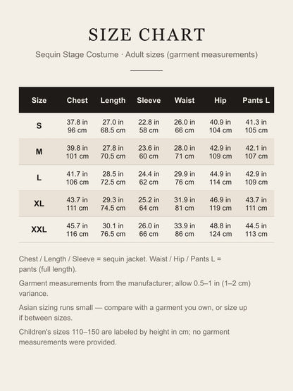 Size chart for the black sequin stage costume: jacket chest, length and sleeve, pants waist, hip and length for adult S to XXL in inches and centimeters