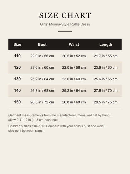 Girls' Moana Dress Costume size chart 110 to 150 in inches and cm