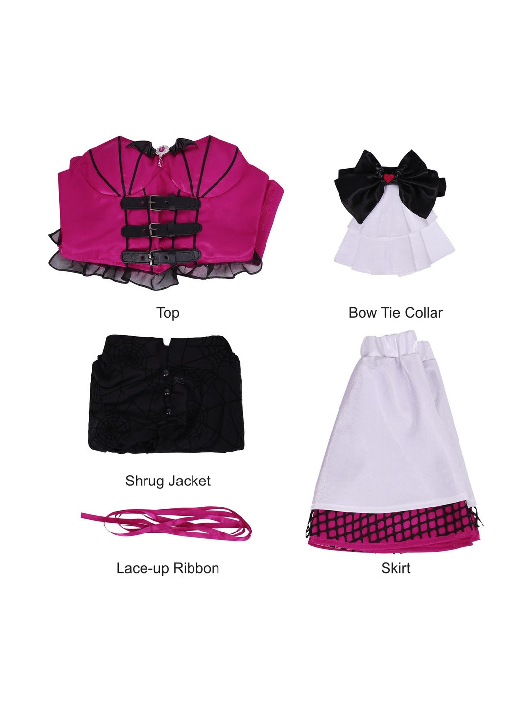 What's included: pink corset top, bow tie collar with jabot, spiderweb shrug jacket, lace-up ribbon and white skirt with fishnet hem