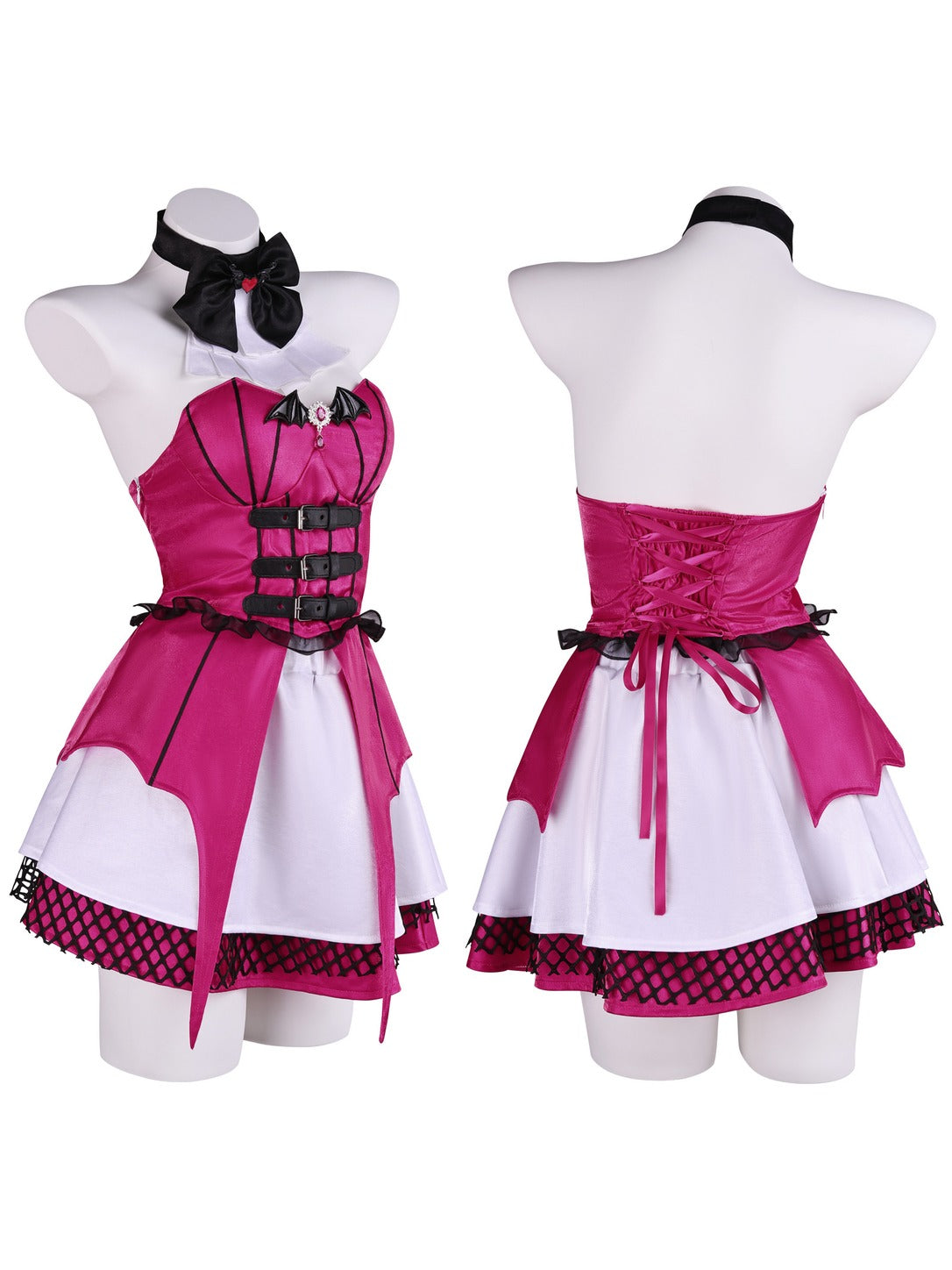 Pink corset top and skirt with bow collar on a mannequin, front and back showing the ribbon lace-up back