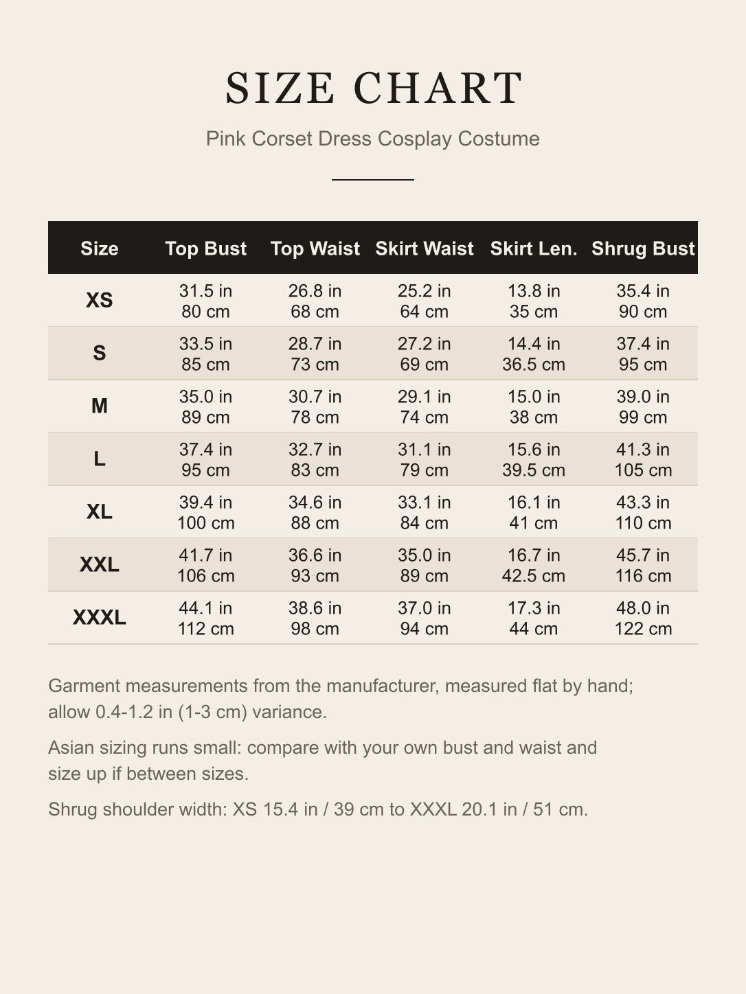 Size chart for the pink corset cosplay costume, XS to XXXL, in inches and centimeters