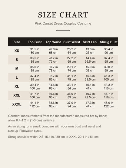Size chart for the pink corset cosplay costume, XS to XXXL, in inches and centimeters