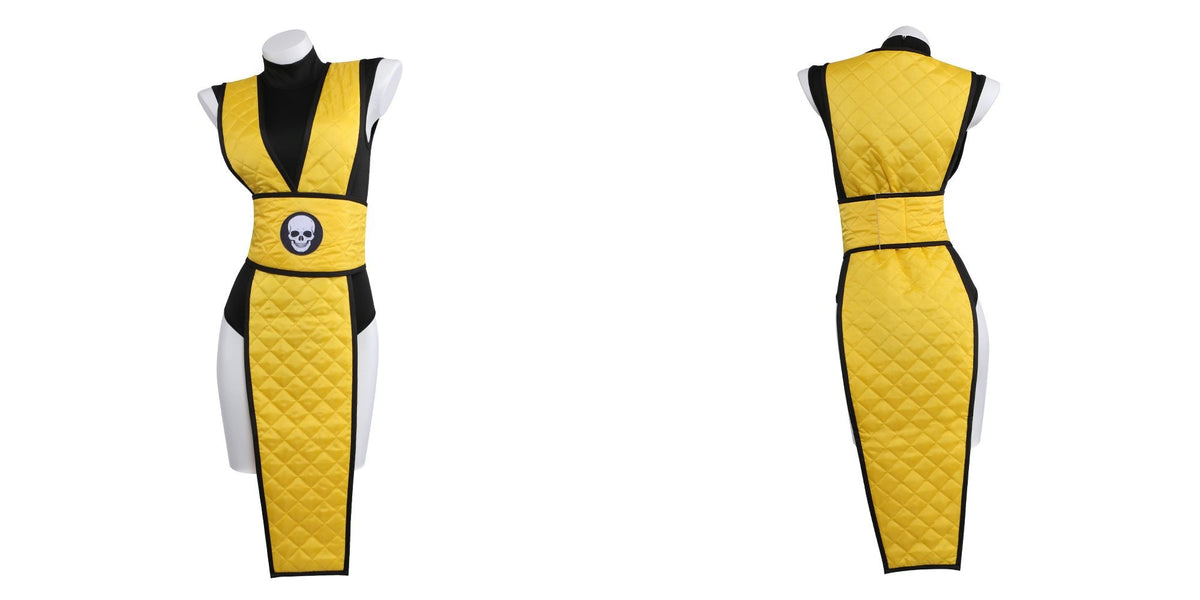 Real product photos of the yellow ninja costume on a mannequin: front with skull waist cincher and back with full quilted back panel