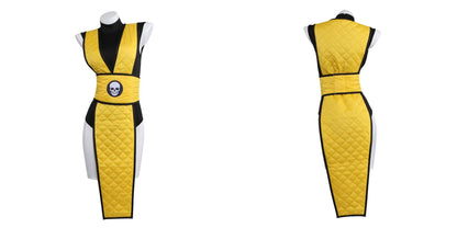 Real product photos of the yellow ninja costume on a mannequin: front with skull waist cincher and back with full quilted back panel