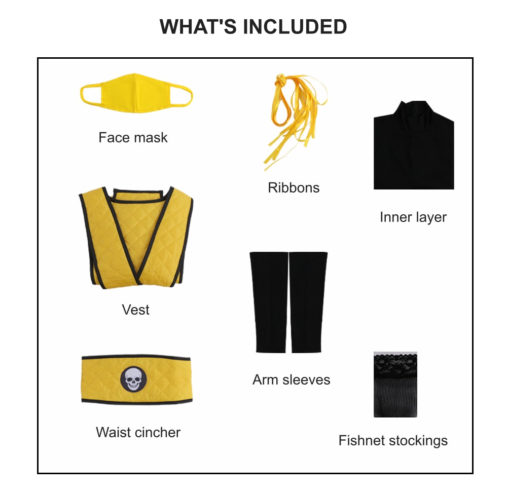 What's included: yellow face mask, yellow ribbons, black inner layer, yellow quilted vest, black arm sleeves, skull waist cincher and fishnet stockings