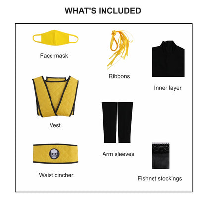 What's included: yellow face mask, yellow ribbons, black inner layer, yellow quilted vest, black arm sleeves, skull waist cincher and fishnet stockings