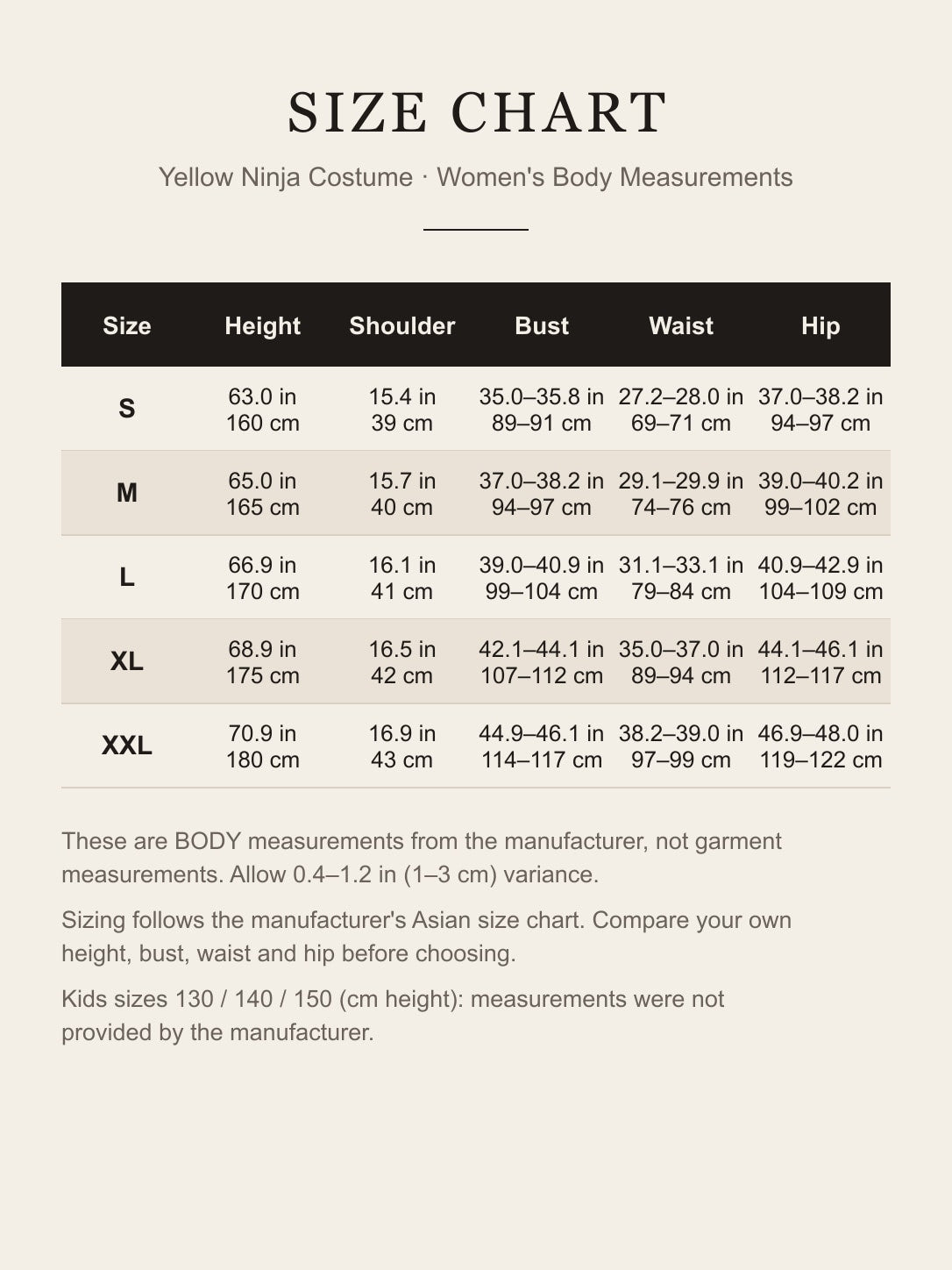 Women's size chart for the yellow ninja costume: height, shoulder, bust, waist and hip for S to XXL in inches and centimeters