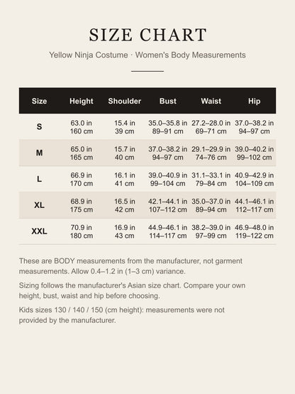 Women's size chart for the yellow ninja costume: height, shoulder, bust, waist and hip for S to XXL in inches and centimeters