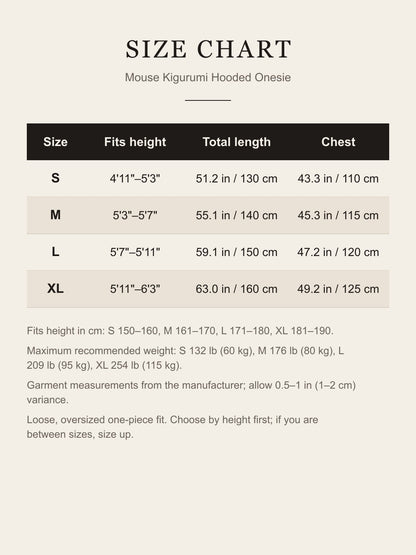 Size chart for the mouse kigurumi onesie: fits height, total length and chest for S, M, L and XL in inches and centimeters