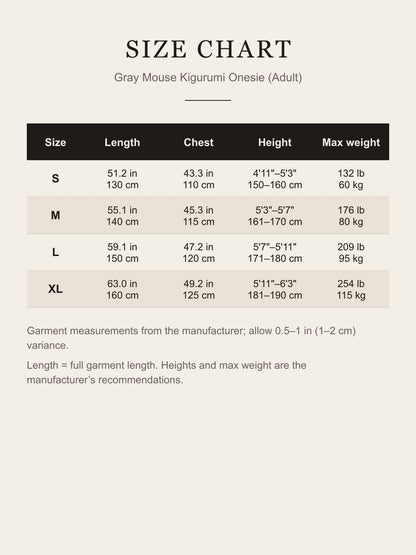 Size chart for the adult gray mouse kigurumi onesie: length, chest, height and max weight for S, M, L and XL in inches and centimeters