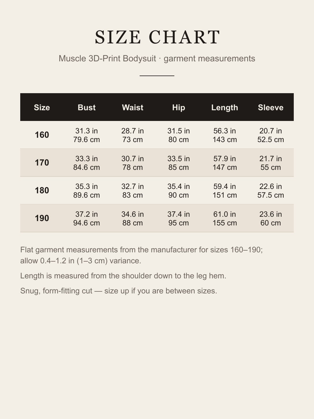 Size chart for the muscle 3D print bodysuit, sizes 160 to 190, bust, waist, hip, length and sleeve in inches and cm