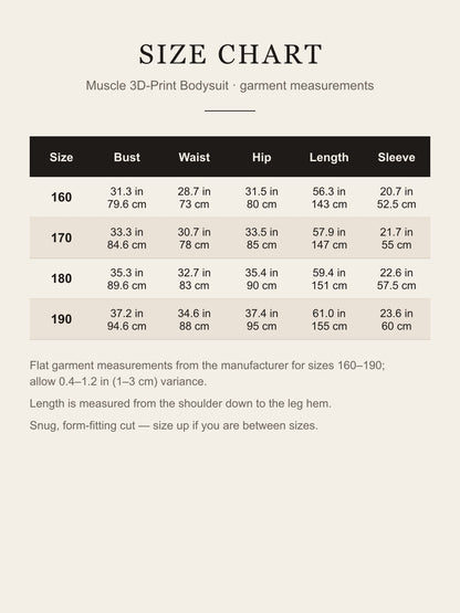 Size chart for the muscle 3D print bodysuit, sizes 160 to 190, bust, waist, hip, length and sleeve in inches and cm
