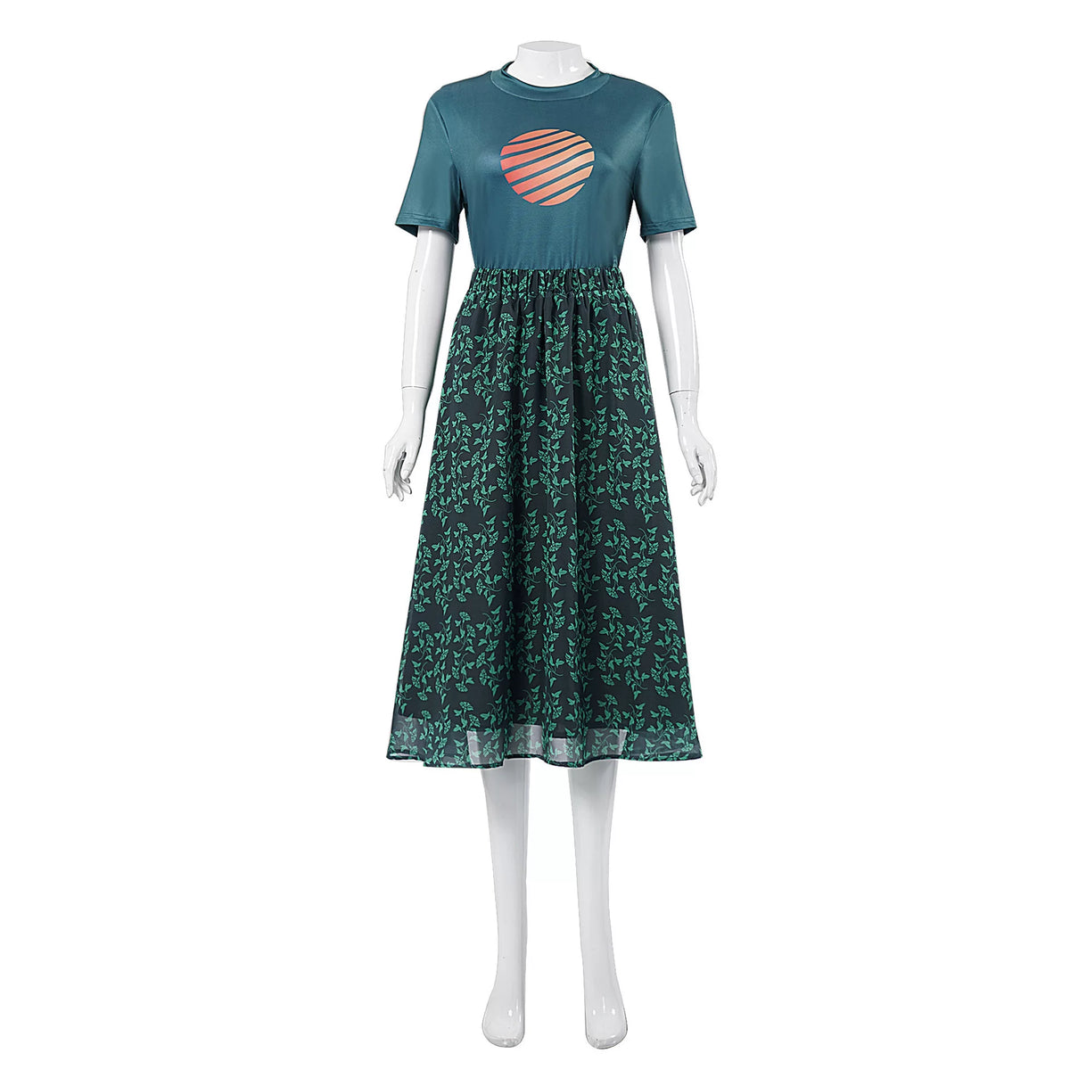 Natalie cosplay costume without the cardigan: short-sleeve teal top with coral striped circle and leaf print skirt on a mannequin