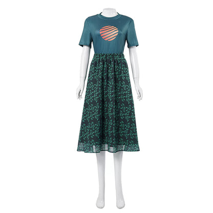 Natalie cosplay costume without the cardigan: short-sleeve teal top with coral striped circle and leaf print skirt on a mannequin