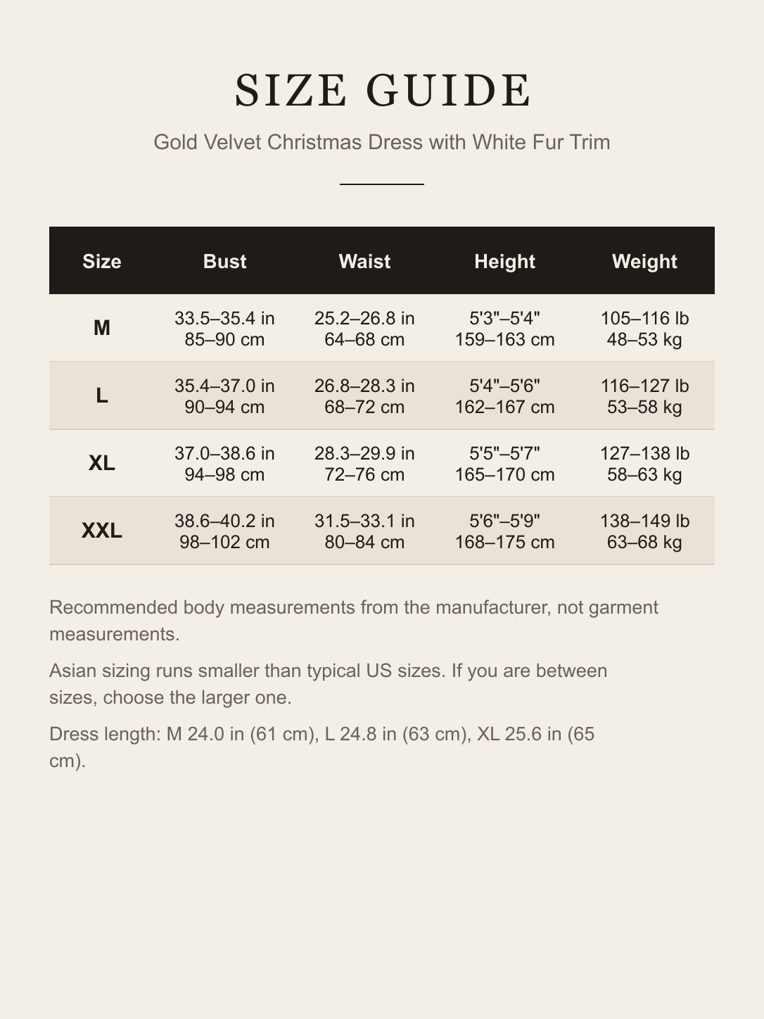 Size guide for the women's gold Christmas dress: bust, waist, height and weight for M, L, XL and XXL in inches and centimeters