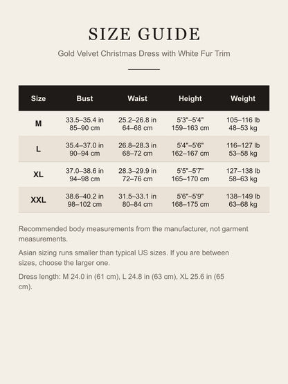 Size guide for the women's gold Christmas dress: bust, waist, height and weight for M, L, XL and XXL in inches and centimeters