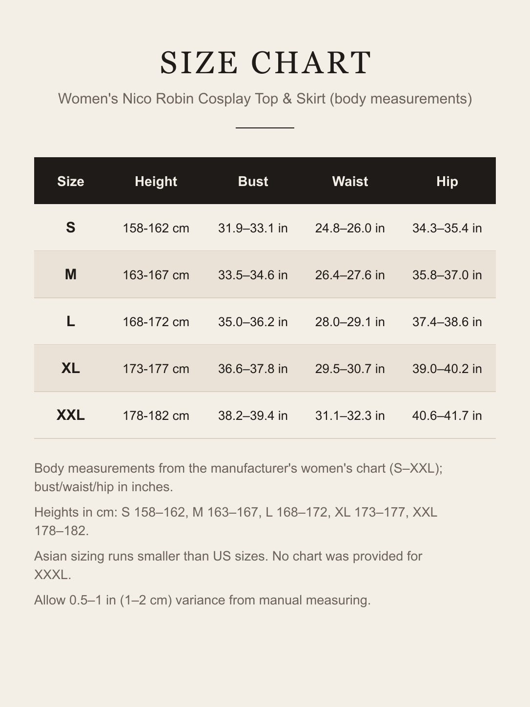 Size chart for the women's Nico Robin cosplay costume: height, bust, waist and hip for S to XXL